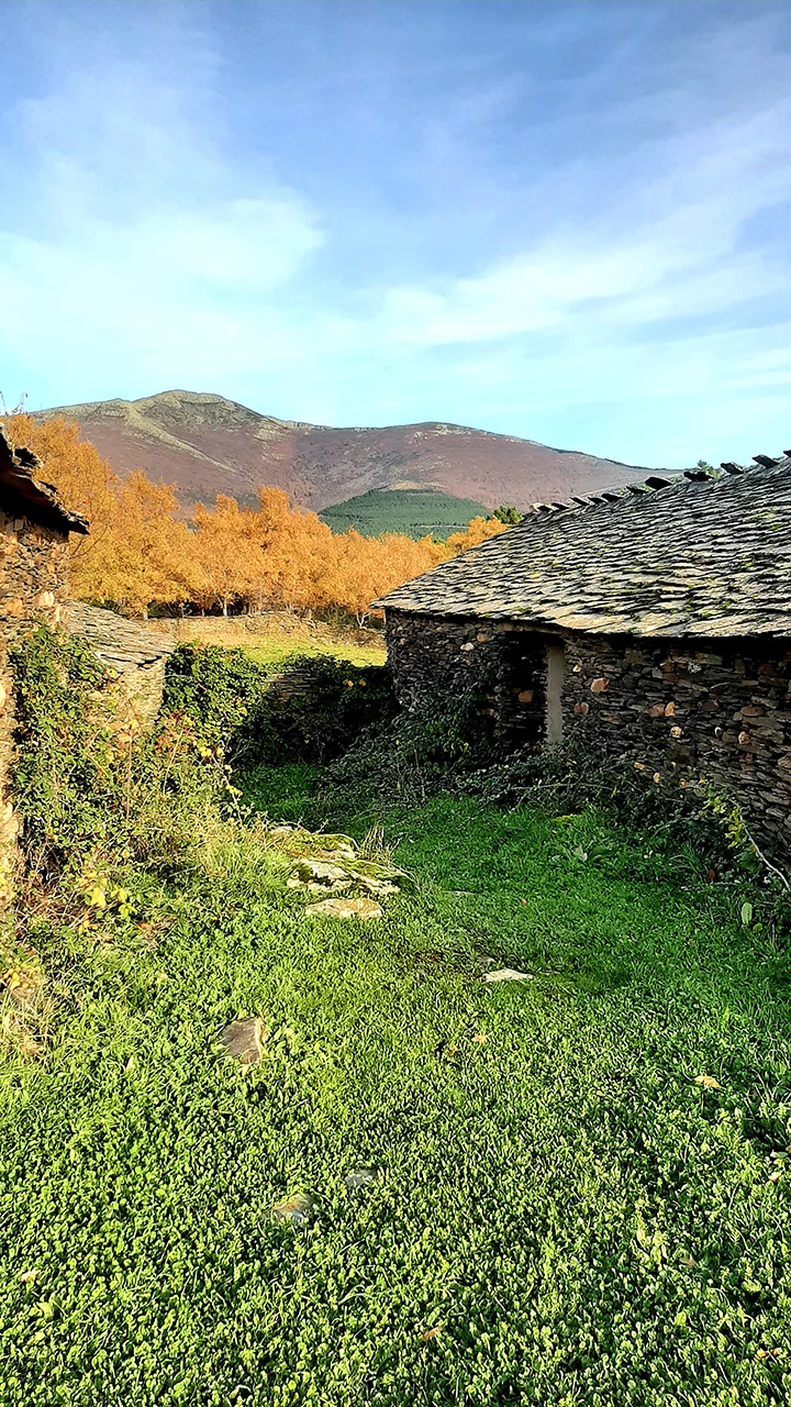 Construcciones de piedra y pizarra con árboles otoñales y montañas al fondo.